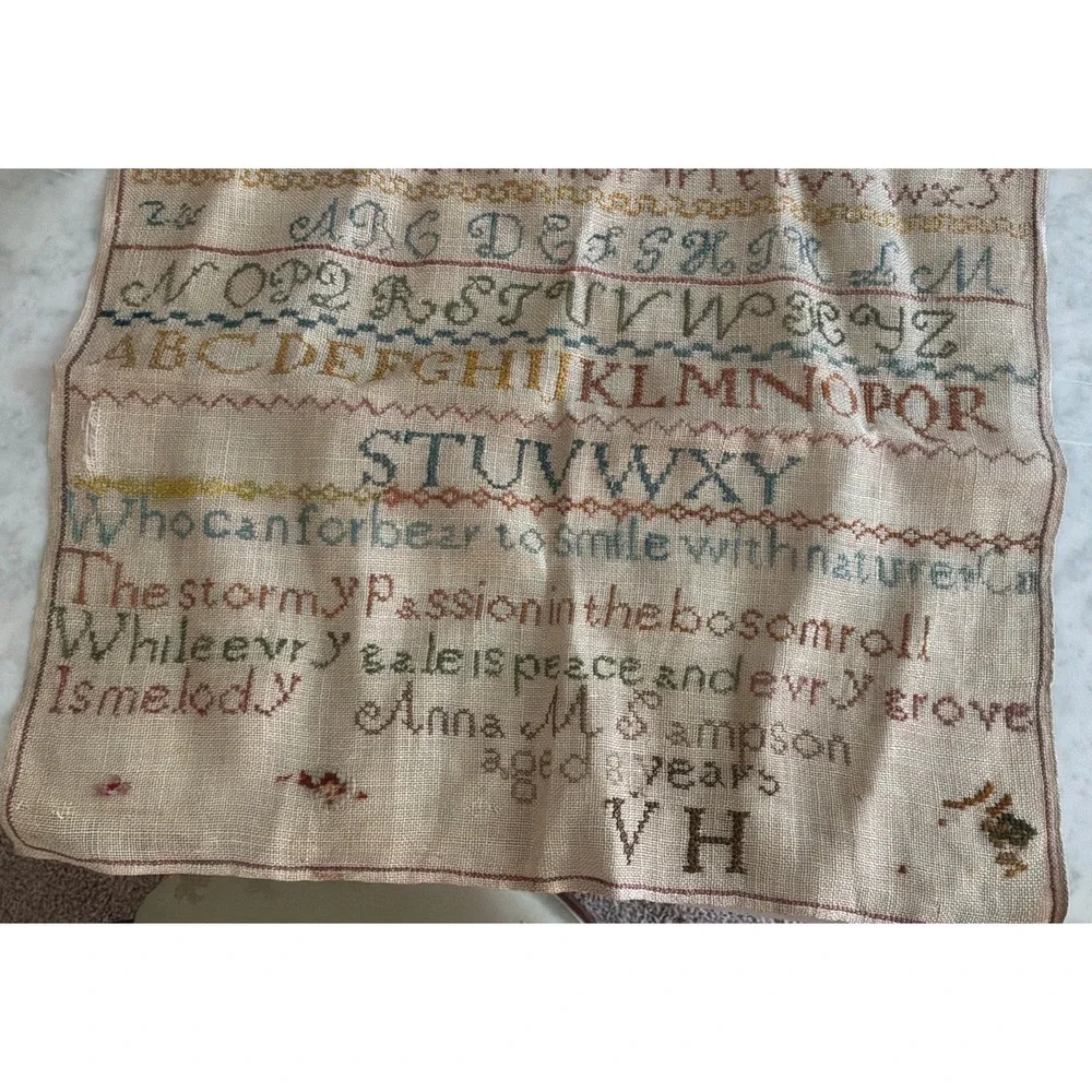 Embroidery Sampler Finished Homespun Linen VTG